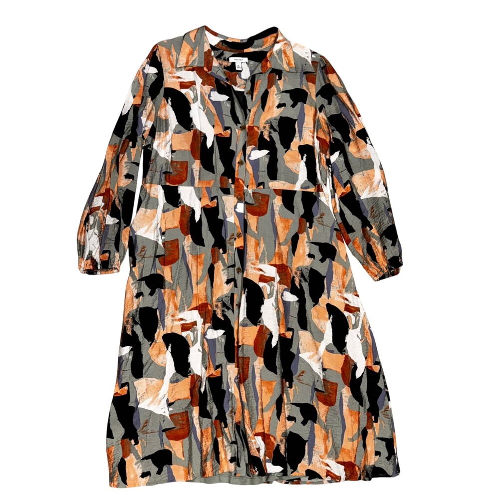 Nine West Dress Abstract Print Shirt Long Sleeve Neutral Tones Career XL‎